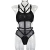 stitching hanging neck sling backless solid color mesh one-piece underwear NSMXF126622