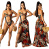 Chiffon Print sling hollow lace-up one-piece Swimsuit and beach skirt Set NSFH126659
