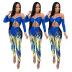print wrap chest tight long sleeve hollow lace-up jumpsuit NSFH126660