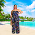 plus size printed one-word collar lace-up wide-leg jumpsuit NSFH126684