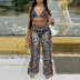 print hanging neck backless high waist lace-up ruffled vest and pants set (including panty) NSFH126690