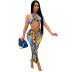 print hanging neck backless lace-up wrap chest high waist slim vest and skirt set NSFH126691