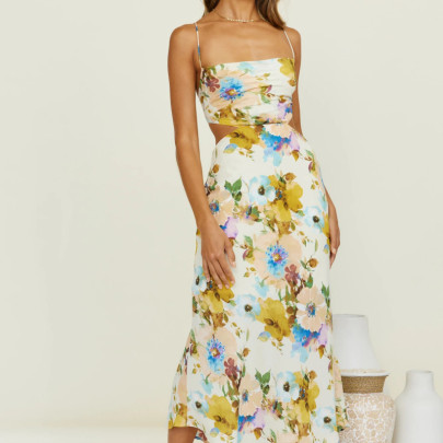 Sling Backless Slim Lace-up Floral Print Dress NSLAY126863
