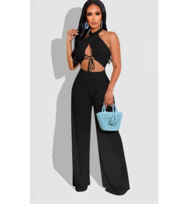 Hanging Neck Backless Lace-up Wide-leg Solid Color See-through Vest And Pant Set NSFH126666
