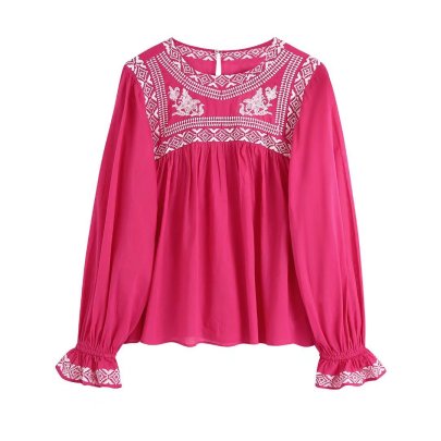 Embroidery Ethnic Style Long Sleeve Loose Color Matching Top NSAM126750