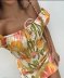 Slim Short Sleeve square neck lace-up flower print Dress NSAM126765