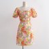 Slim Short Sleeve square neck lace-up flower print Dress NSAM126765