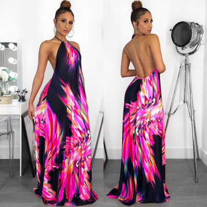 Printing Halter Neck Mopping Large Swing Backless Loose Dress NSFH126782