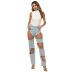 ripped hole bubble bead washed high waist jeans NSFH126784