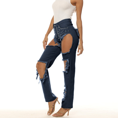Ripped Hole Bubble Bead Washed High Waist Jeans NSFH126784