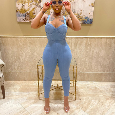 Suspender Backless Tight Wrap Chest Solid Color Denim Jumpsuit NSARY126806