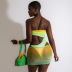 Contrast Color Gradient Tube Top Irregular Hollow drawstring one-piece swimsuit and Skirt Set NSKAJ126878