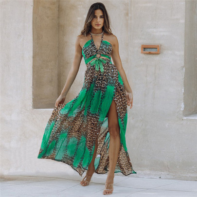 Leopard Print Backless Chiffon Bohemian Dress NSLMM126982