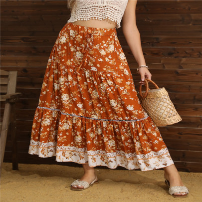 Rayon Printing Hollow Lace Stitching Bohemian Skirt NSLMM126955