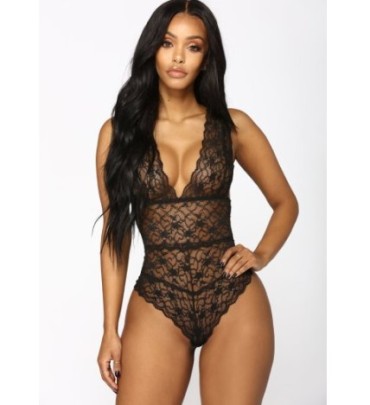 Stitching V Neck Backless Solid Color See-through Lace One-piece Underwear NSLTS126927
