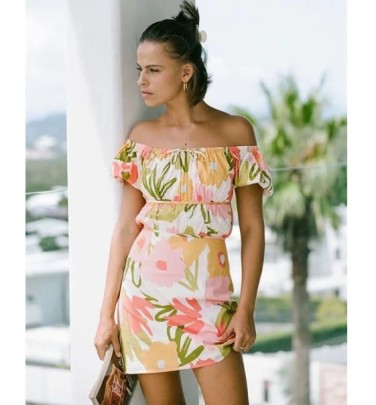 Slim Short Sleeve Square Neck Lace-up Flower Print Dress NSAM126765