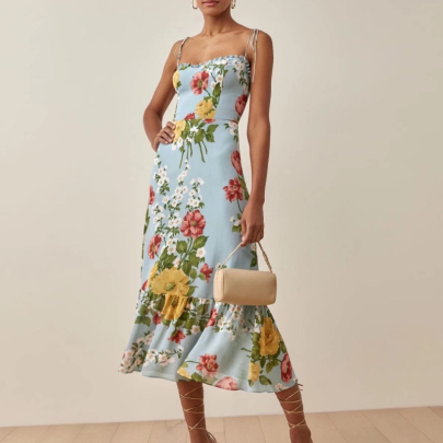 Slim Suspender Backless Low-cut Large Flower Print Dress NSLAY127173