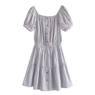 Short Sleeve Square Neck Slim Striped Dress NSLAY127168