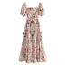 Large flower printed square neck tie puff sleeve long dress NSLAY127164