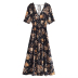 short sleeve backless v neck lace-up long flower print Dress NSLAY127163