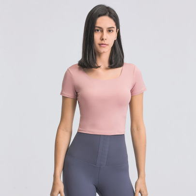 Camiseta De Yoga Corta Elástica Con Almohadilla En El Pecho Y Cinturón De Color Sólido NSDQF127129