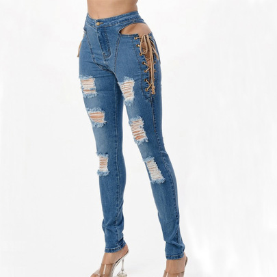 Side Lace-up Holes High Waist Slim Jeans NSQDH127076
