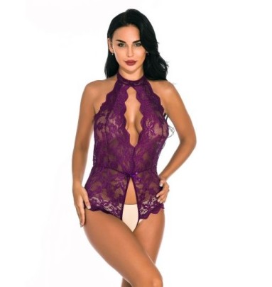 Hanging Neck Backless Hollow Solid Color Lace One-piece Underwear NSLTS126994