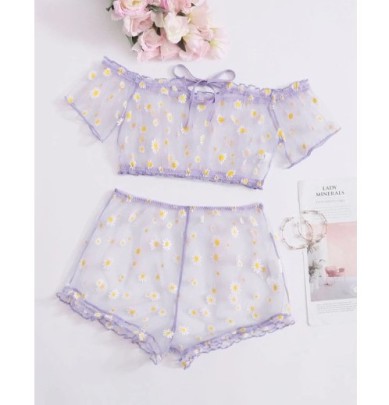 One-word Shoulder Short Sleeve Daisy Perspective Underwear Suit NSLTS126981