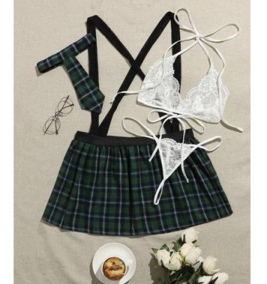 Hanging Neck Lace-up Lace Plaid Skirt Sexy Cosplay Uniform Set NSLTS126989