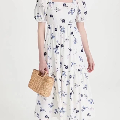 Short Sleeve Square Neck Backless Lace-up Slim Floral Dress NSLAY127286