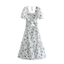 short sleeve square neck backless lace-up slim floral dress NSLAY127286