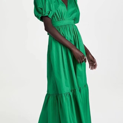 V-Neck Short Sleeve Lace-up Slim Long Solid Color Dress NSLAY127285