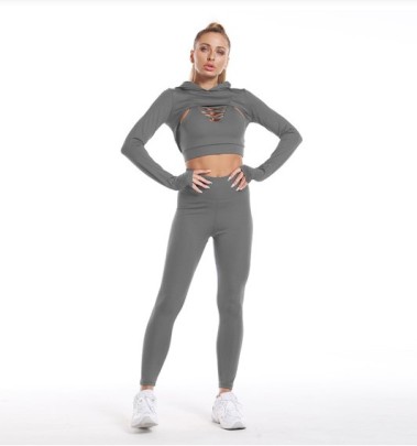Hip-lifting High-elastic Hooded Long Sleeve Hollow High Waist Solid Color Yoga Three-piece Suit NSMXS127079