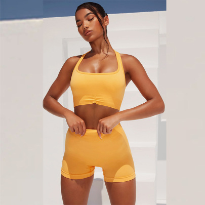 Hip-lifting High-elastic Low-cut High Waist Solid Color Vest And Shorts Yoga Set NSXIN127192