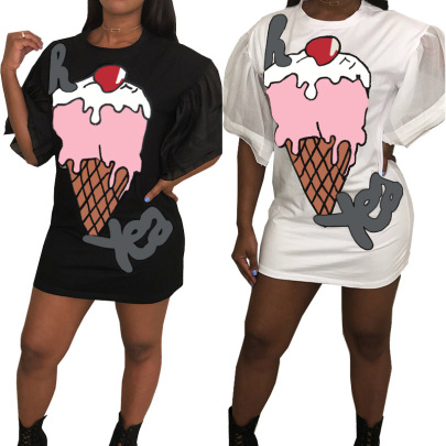 Ice Cream Printing Round Neck Short Sleeve Loose T-shirt Dress NSJZC127197