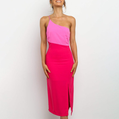 Sling Single-shoulder Split Slim Contrast Color Dress NSXWL127210