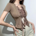 short-sleeved slim low-cut lace-up fungus edge solid color top NSCOK127216