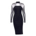 fishbone hollow long sleeve slim off-shoulder solid color mesh dress NSHT127240