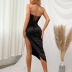backless lace-up high slit tube top slim solid color satin dress NSHT127254