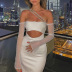 hollow stitching backless slanted shoulder long sleeve solid color mesh dress NSHT127255