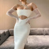 hollow stitching backless slanted shoulder long sleeve solid color mesh dress NSHT127255