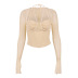 hollow hanging neck long sleeve wrap chest solid color see-through top NSHT127259