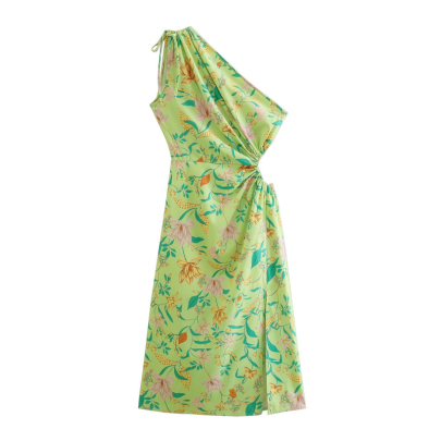 Printed Single-shoulder Sleeveless Hollow Slim Dress NSLAY127378