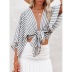 loose long sleeve striped bow V-neck crop top NSYF127375
