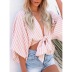loose long sleeve striped bow V-neck crop top NSYF127375