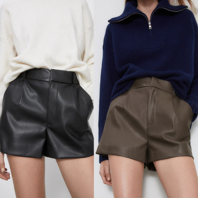 Solid Color Pleated Leather Shorts NSAM127392