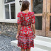 v-neck short sleeve lace-up floral dress NSDMB127412