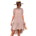 High Waist Irregular Loose short sleeve lace-up Solid Color Dress NSDMB127419