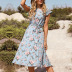 pleated floral lace-up round neck short sleeve dress NSDMB127422