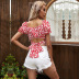 puff sleeves low-cut waistless lace-up short floral top NSDMB127427